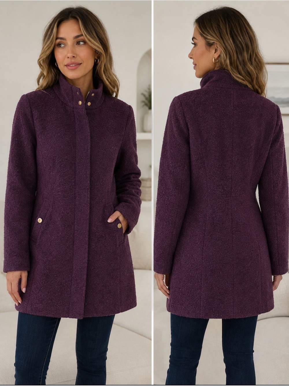 Ann Taylor Plum Purple Bouclé Wool Blend Coat Gold Snap Funnel Neck